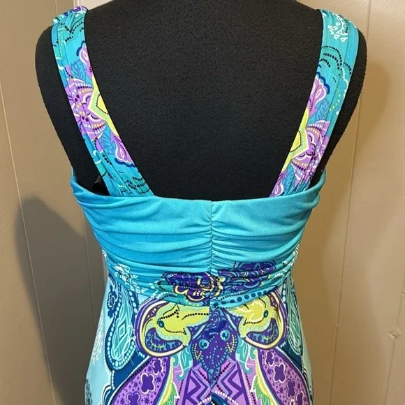 Bisou Bisou silky stretch ruched strap & empire waistband bead buckle maxi. Sz 4 - Picture 6 of 9